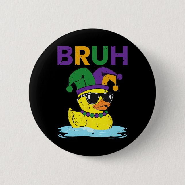 Bruh Funny Duck Mardi Gras Rubber Duck with Jester Button (Vorderseite)