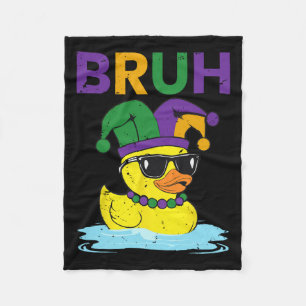 Bruh Funny Duck Mardi Gras Rubber Duck with Jester Fleecedecke