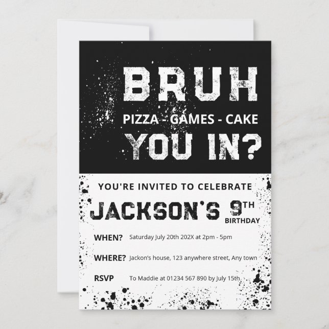 BRUH Grunge Paint Splatter Boy Birthday Invitation Einladung (Vorderseite)