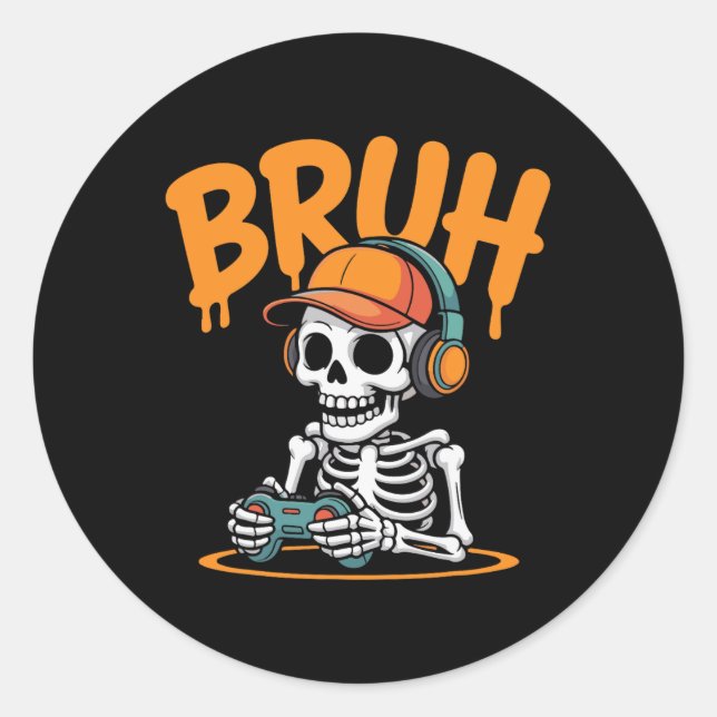 Bruh Halloween Boys Kids Gamer Mens Skeleton Video Runder Aufkleber (Vorderseite)