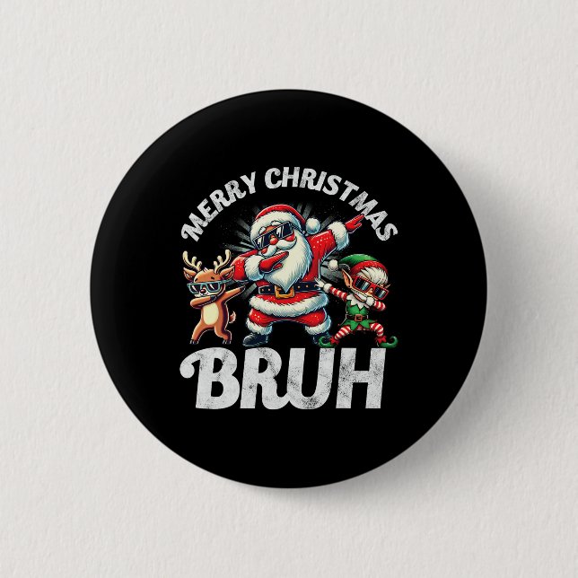 Bruh Meme Santa Dabbing durch den Schnee Weihnacht Button (Vorderseite)