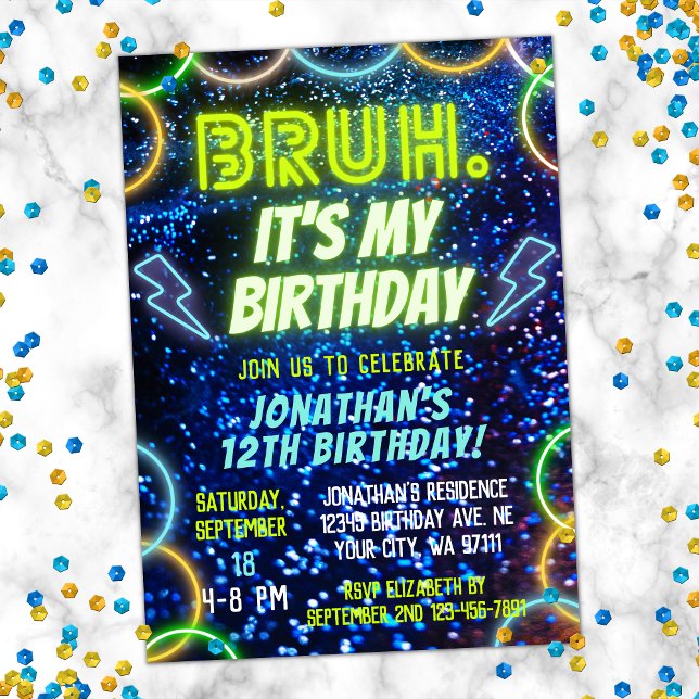 Bruh Neon Glow Blue Green Funny Boy Birthday Einladung (Von Creator hochgeladen)