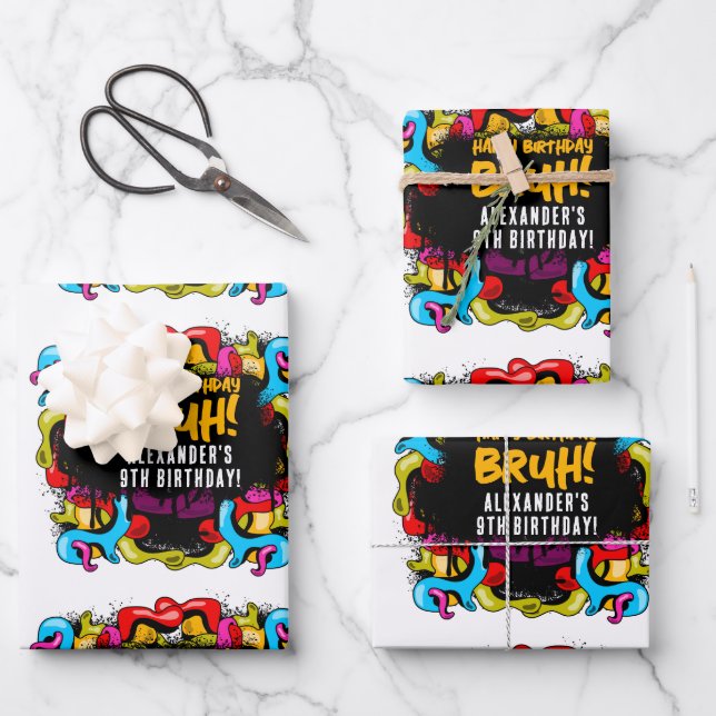 Bruh Neon Graffiti Hip Hop Street Art Birthday Geschenkpapier Set (Vorderseite)