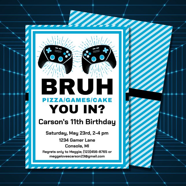 Bruh Personalized Gamer Pizza Party Birthday Einladung (A funny birthday invitation for your favorite gamer's party.)