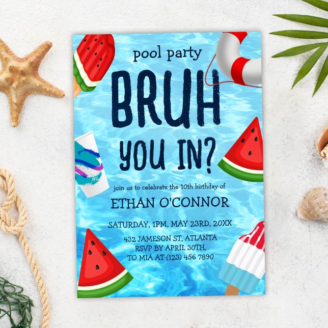 Bruh Pool Party Boy Birthday Einladung (Bruh Boy Pool Party Birthday Invitation)