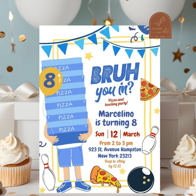 Bruh You in Blue Pizza und Bowling Birthday Party Einladung (Von Creator hochgeladen)