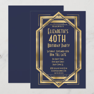 Brüllende 20er Art Deco Marineblau Gold 40. Einladung