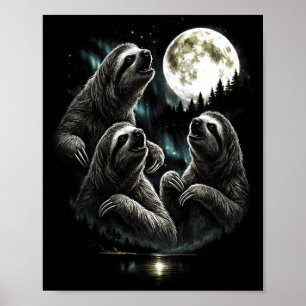 Brüllende 3 Faultier Mond Vintage Retro Stil lusti Poster