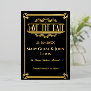 Brüllende Zwanziger Schwarz und Gold Art Deco Term Folieneinladung