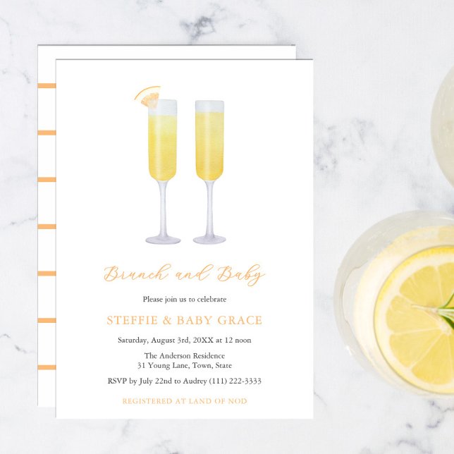 Brunch and Baby Mimosas Baby Shower Sip & See Einladung (Mimosas Momosas Brunch with baby yellow orange invitations for sip and see or baby sprinkle shower)