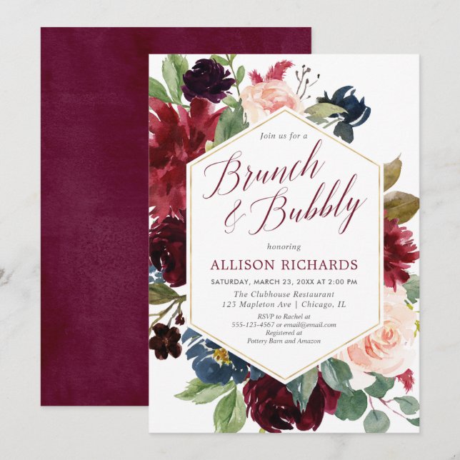 Brunch blush burgundy Marine Blumenbridal Einladung (Vorne/Hinten)