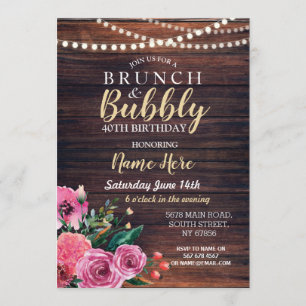 Brunch & Bubble Wood Floral Pink Blume Lights Einladung