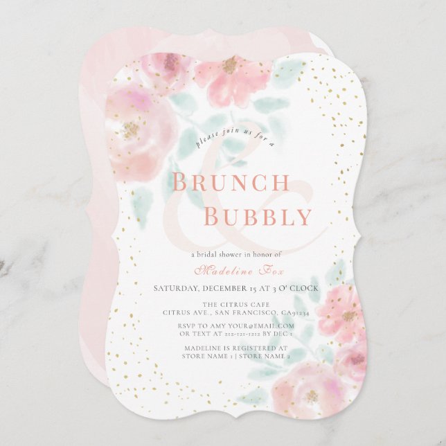 Brunch & Bubbly Airline Rose Rosa Brautparty Einladung (Vorne/Hinten)