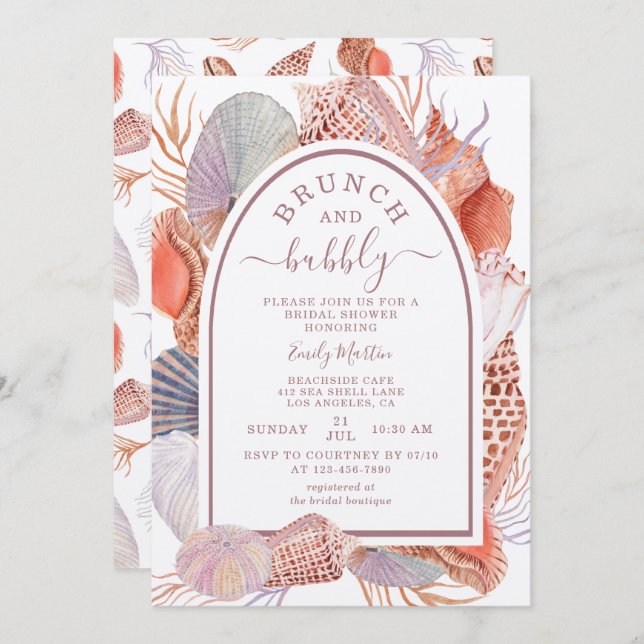 Brunch & Bubbly Beach Seashells Brautparty Einladung (Vorne/Hinten)