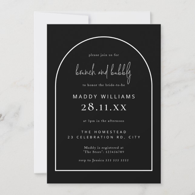 Brunch & Bubbly Black Minimalistisch Arch Bridal  Einladung (Vorderseite)