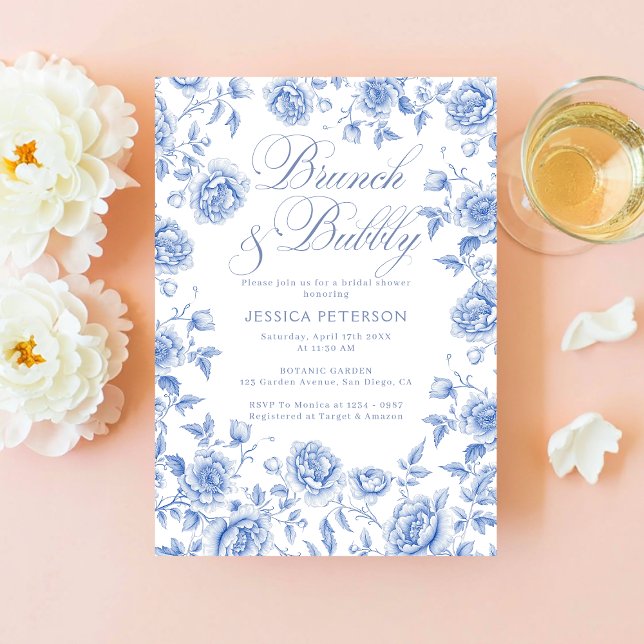 Brunch & Bubbly Blue Floral Brautparty Einladung (Von Creator hochgeladen)