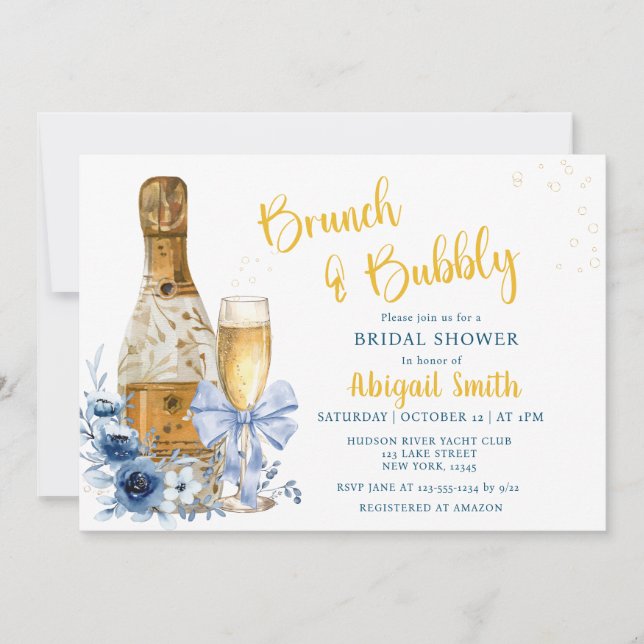 BRUNCH & BUBBLY Blue Floral Brautparty Einladung (Vorderseite)