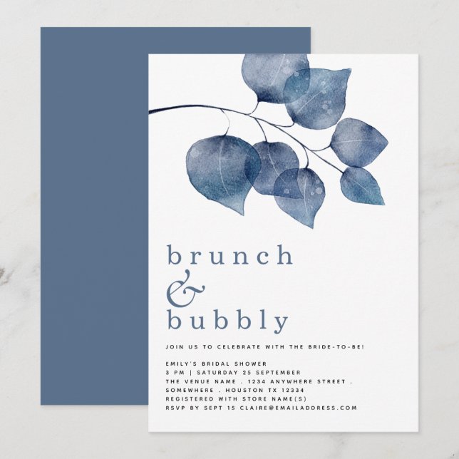 Brunch Bubbly Blue Foliage Brautparty Einladung (Vorne/Hinten)