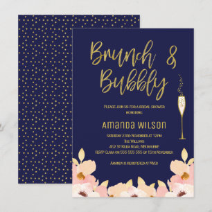 Brunch Bubbly Blue Gold Bridal Dusche Einladung