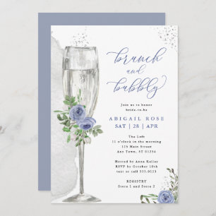 Brunch & Bubbly Blue Silver Floral Brautparty Einladung