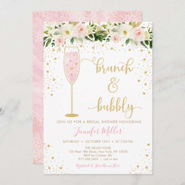 Brunch & Bubbly Blush & Gold Floral Brautparty Einladung (Vorne/Hinten)