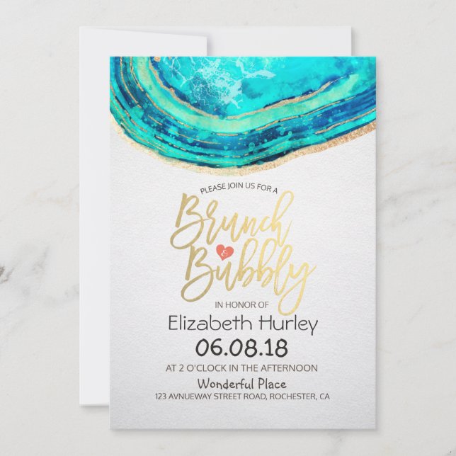 Brunch Bubbly Brautparty Aquamarin Gold Agate Geod Einladung (Vorderseite)