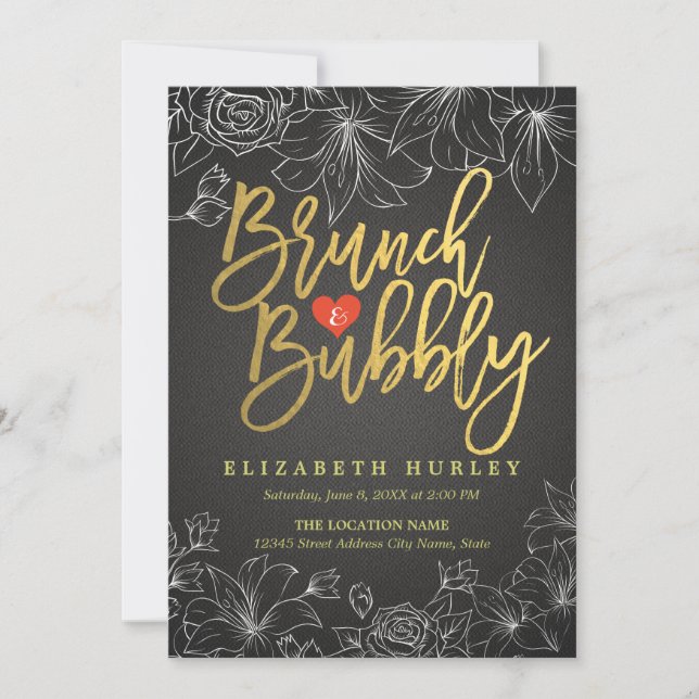 Brunch & Bubbly Brautparty aus Gold und Schwarz Einladung (Vorderseite)