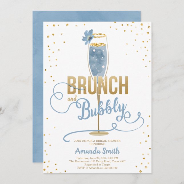 Brunch & Bubbly Brautparty Blue Gold Champagne  Einladung (Vorne/Hinten)