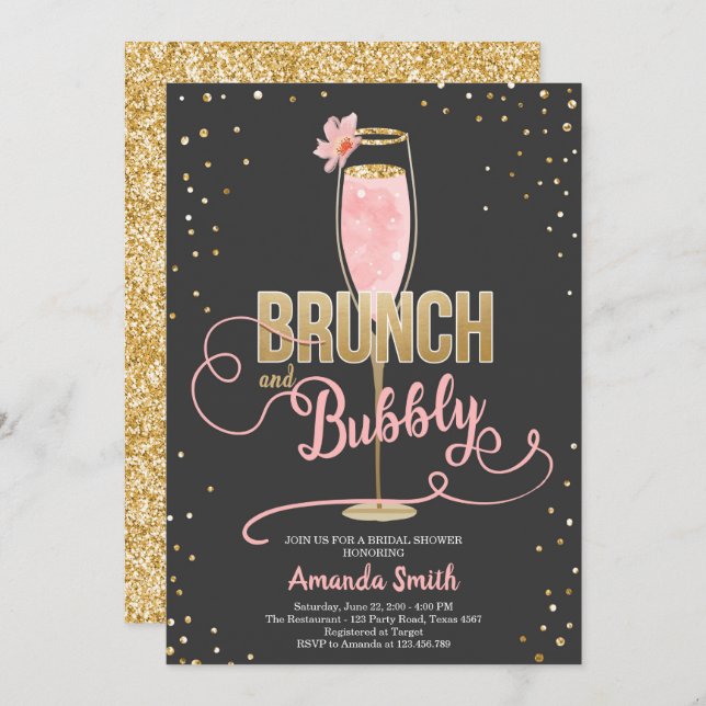 Brunch & Bubbly Brautparty Blush Gold Champagne Einladung (Vorne/Hinten)