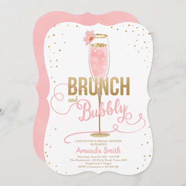 Brunch & Bubbly Brautparty Blush Gold Champagne Einladung (Vorne/Hinten)