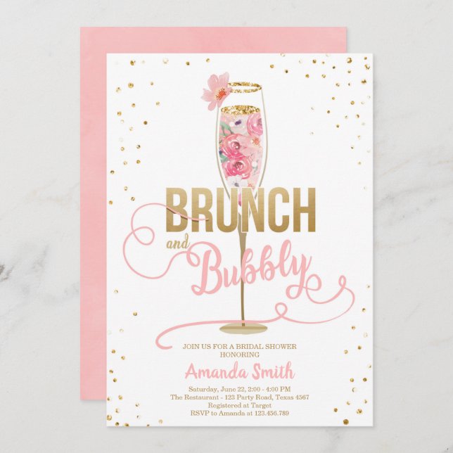 Brunch & Bubbly Brautparty Blush Gold Champagne Einladung (Vorne/Hinten)