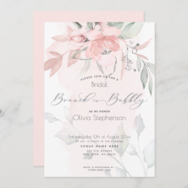 Brunch Bubbly Brautparty Blush Wilde Rose Invita Einladung (Vorne/Hinten)