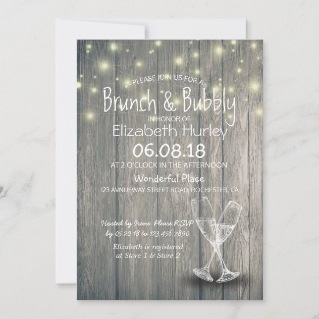 Brunch & Bubbly Brautparty Champagner Glass Wood Einladung (Vorderseite)