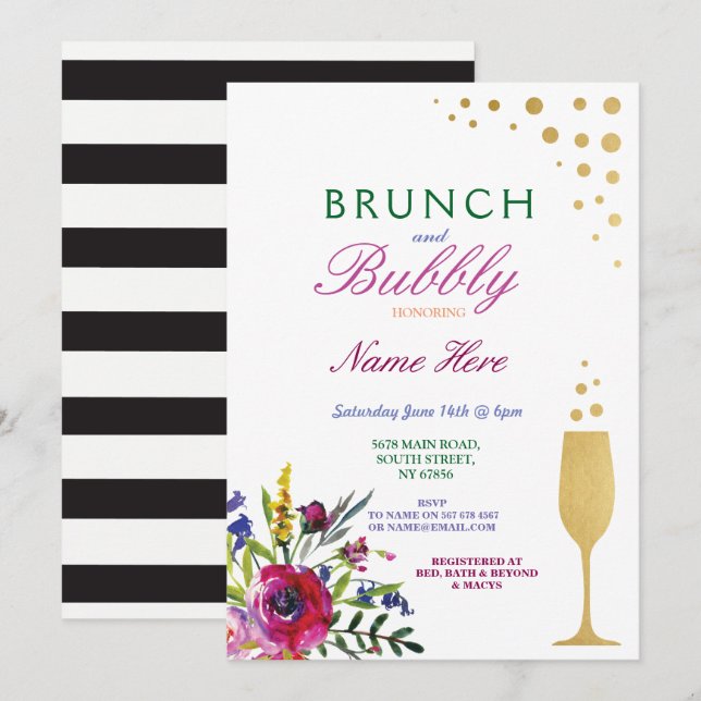 Brunch & Bubbly Brautparty Einladung (Vorne/Hinten)