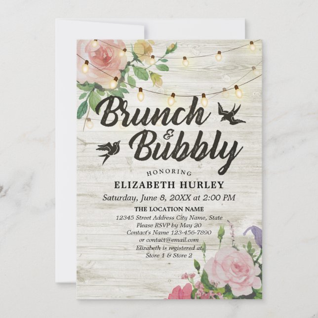 Brunch & Bubbly Brautparty Floral String Lights Einladung (Vorderseite)