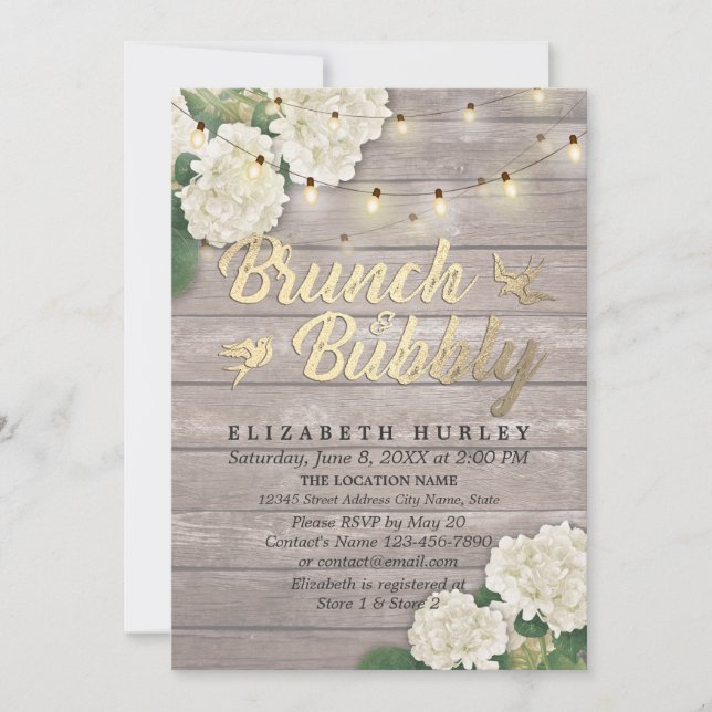 Brunch & Bubbly Brautparty Floral String Lights Einladung (Vorderseite)