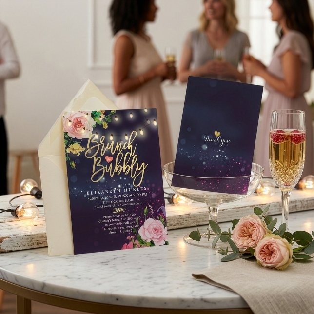 Brunch & Bubbly Brautparty Floral String Lights Einladung (Von Creator hochgeladen)