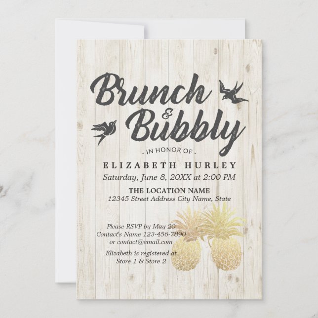 Brunch & Bubbly Brautparty Gold Ananas Holz Einladung (Vorderseite)
