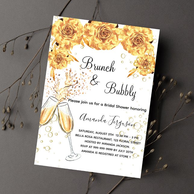 Brunch Bubbly Brautparty Goldblasen elegant Einladungspostkarte (Von Creator hochgeladen)