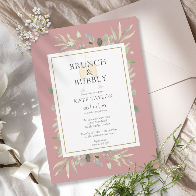 Brunch Bubbly Brautparty Greenery Dusty Rose Einladung (Von Creator hochgeladen)