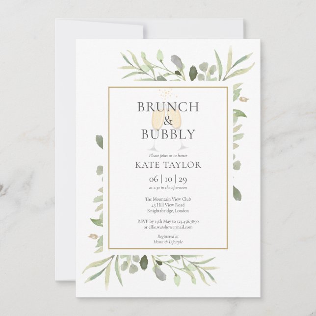 Brunch Bubbly Brautparty Greenery Einladung (Vorderseite)