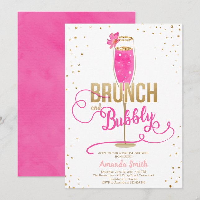 Brunch & Bubbly Brautparty Hot Pink Champagne Einladung (Vorne/Hinten)