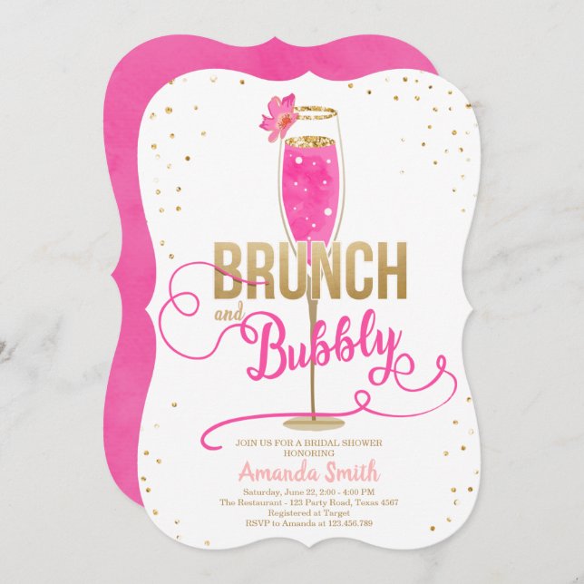 Brunch & Bubbly Brautparty Hot Pink Champagne Einladung (Vorne/Hinten)