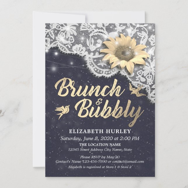 Brunch Bubbly Brautparty Lace Sunflower Lights Einladung (Vorderseite)