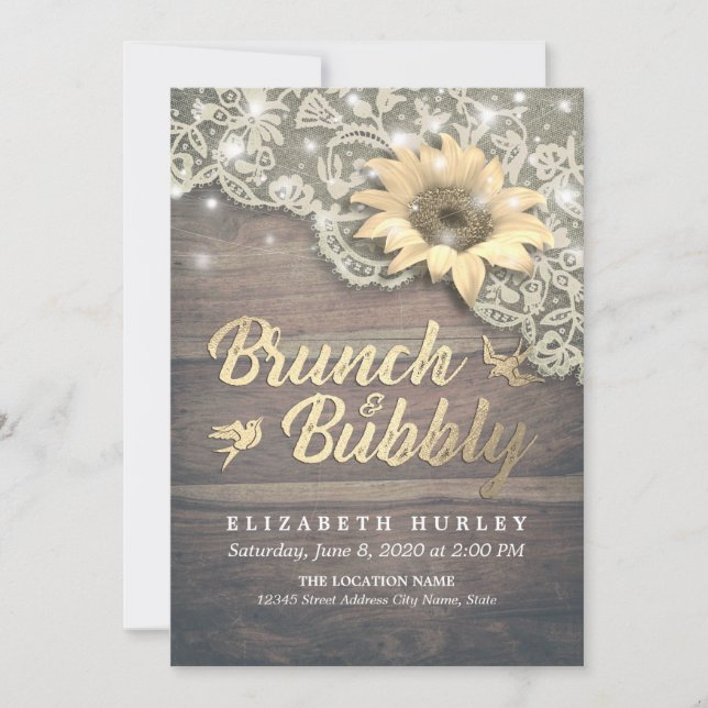 Brunch & Bubbly Brautparty Lace Sunflower Wood Einladung (Vorderseite)