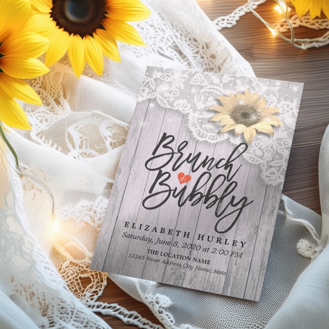 Brunch & Bubbly Brautparty Lace Sunflower Wood Einladung (Von Creator hochgeladen)