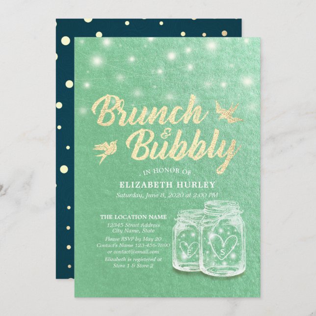 Brunch & Bubbly Brautparty Mason Jar Green Gold Einladung (Vorne/Hinten)