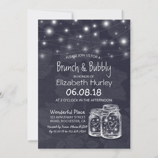 Brunch Bubbly Brautparty Mason Jar String Light Einladung (Vorderseite)