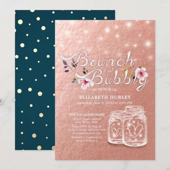 Brunch & Bubbly Brautparty Mason Jars Rose Gold Einladung (Vorne/Hinten)