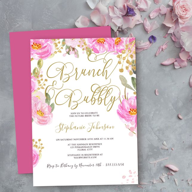 Brunch & Bubbly Brautparty mit Blumenrosa und Gold Einladung (Bridal Shower brunch & bubbly invite from my Pink and Gold Watercolor Floral Collection
)
